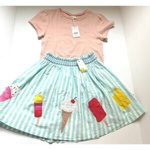NEW Mini Boden Pink Pointelle Shirt & Ice Cream Appliqué Skirt Outfit